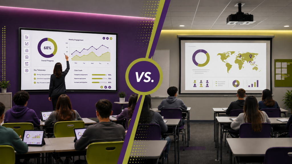 Teacher using an interactive display in a modern classroom with students using tablets and laptops