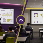 Teacher using an interactive display in a modern classroom with students using tablets and laptops