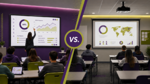 Teacher using an interactive display in a modern classroom with students using tablets and laptops