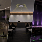 Microphone placement in a conference room, classroom, and event space showing ceiling mics, table mics, and wireless microphones