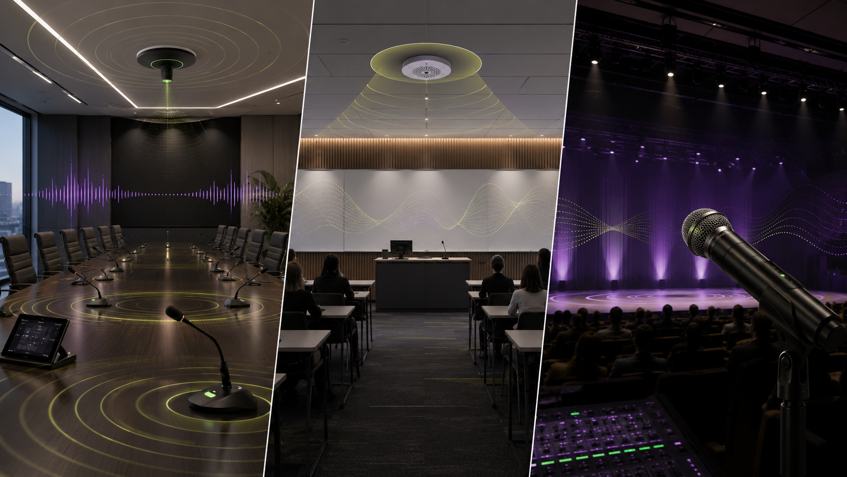 Microphone placement in a conference room, classroom, and event space showing ceiling mics, table mics, and wireless microphones