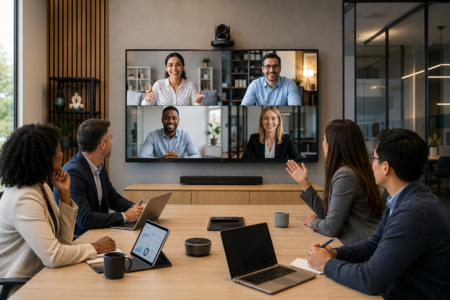Modern conference room with video conferencing camera, wall display, and team collaborating with remote participants.