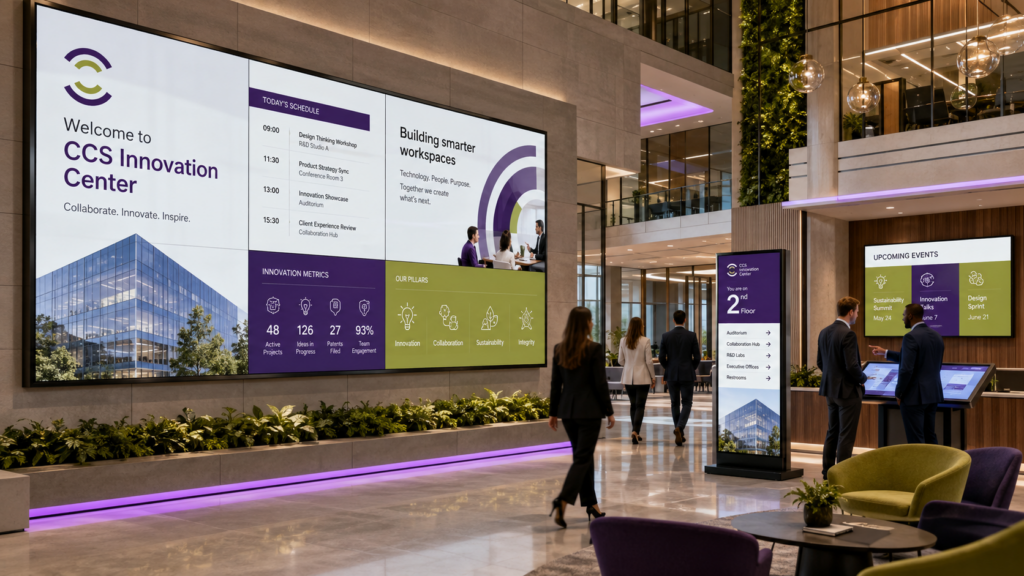 Modern corporate lobby with large digital displays, wayfinding screens, and purple and green visual signage.