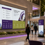 Modern corporate lobby with large digital displays, wayfinding screens, and purple and green visual signage.