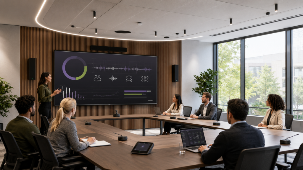Modern conference room with professional audio equipment, tabletop microphones, and a presentation screen showing audio analytics.