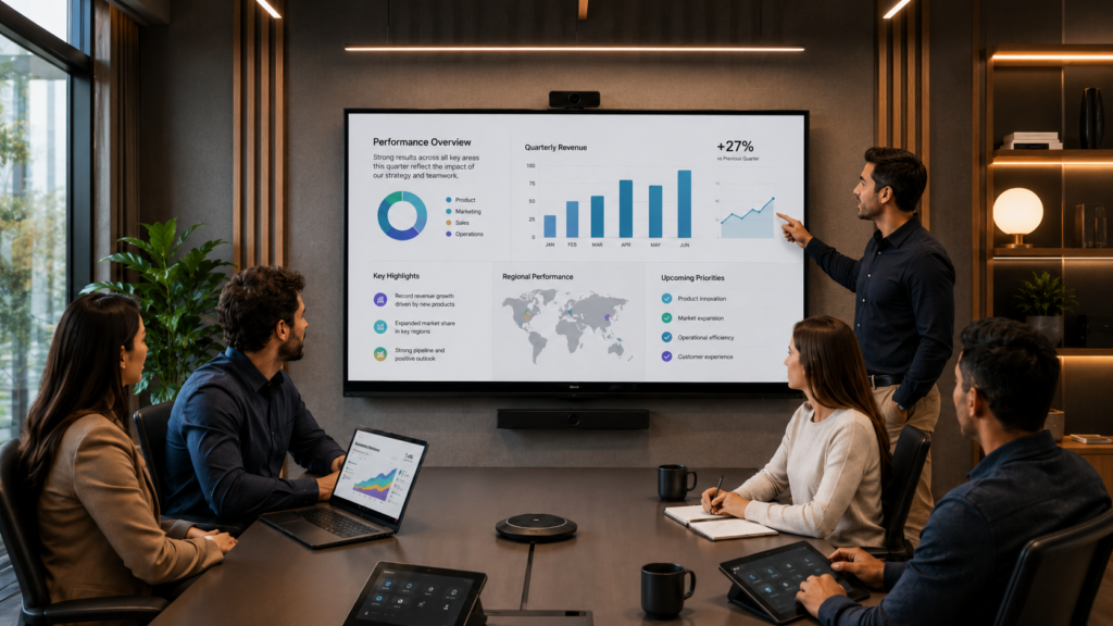 Modern meeting room with a large interactive display showing business charts while a team reviews presentation data.