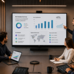 Modern meeting room with a large interactive display showing business charts while a team reviews presentation data.