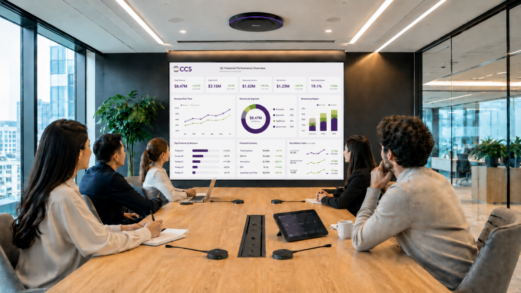Modern conference room with CCS-branded analytics dashboard, AV microphones, and professionals reviewing meeting data.