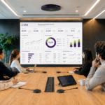 Modern conference room with CCS-branded analytics dashboard, AV microphones, and professionals reviewing meeting data.