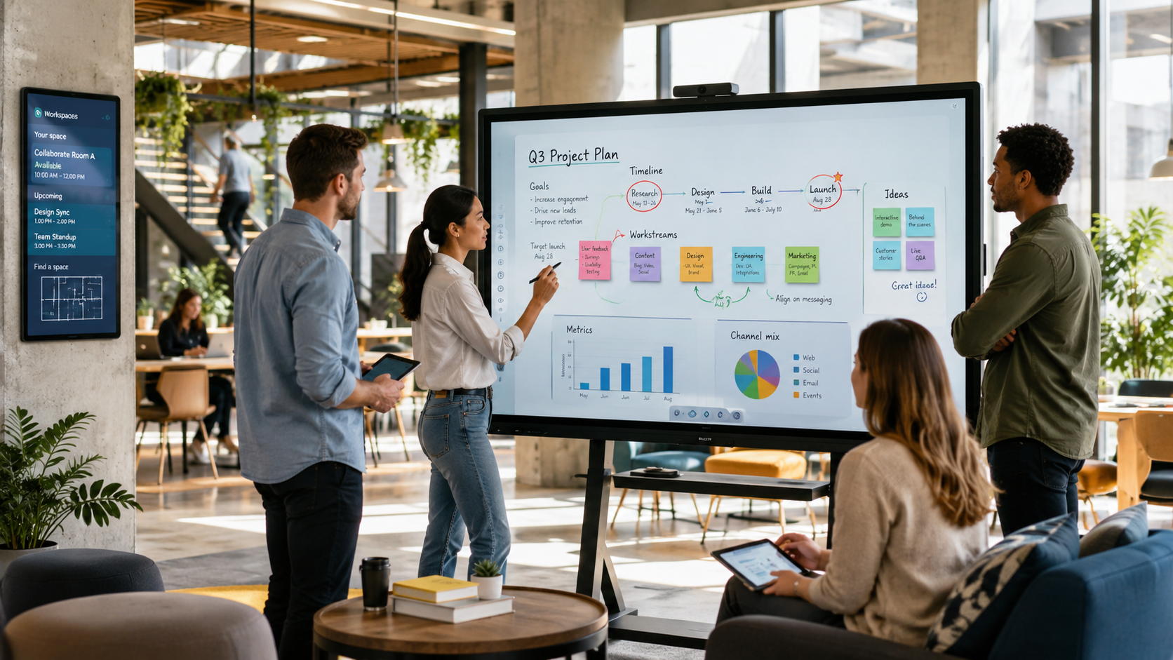 Team collaborating in a modern office with an interactive display showing a project plan and digital signage nearby.