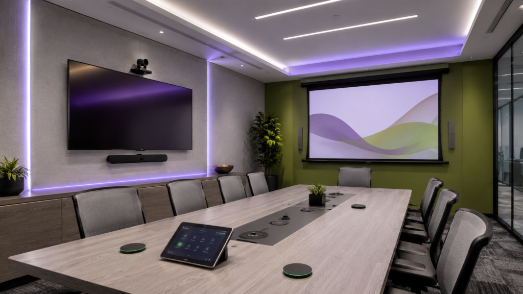 Modern conference room with display, projection screen, camera, microphones, and AV control panel for a conference room technology upgrade.