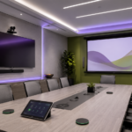 Modern conference room with display, projection screen, camera, microphones, and AV control panel for a conference room technology upgrade.