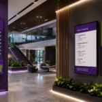 Modern corporate lobby with digital signage displays showing wayfinding, announcements, and branded business communication content.