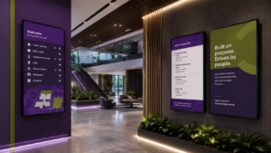 Modern corporate lobby with digital signage displays showing wayfinding, announcements, and branded business communication content.