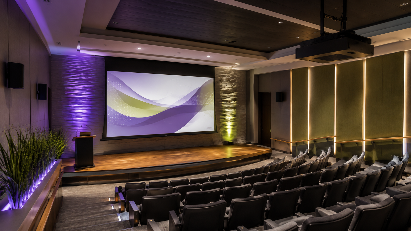 Modern presentation auditorium with large projection screen, ceiling-mounted projector, and tiered seating for Epson projection and Legrand Da-Lite screen solutions.