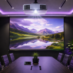 Modern conference room with ceiling-mounted projector displaying a large presentation screen for professional AV integration.