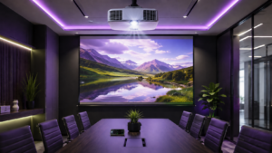 Modern conference room with ceiling-mounted projector displaying a large presentation screen for professional AV integration.
