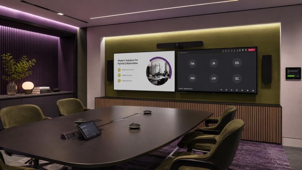 Modern hybrid meeting room with dual displays, video conferencing camera, microphones, and AV control panel for better collaboration.