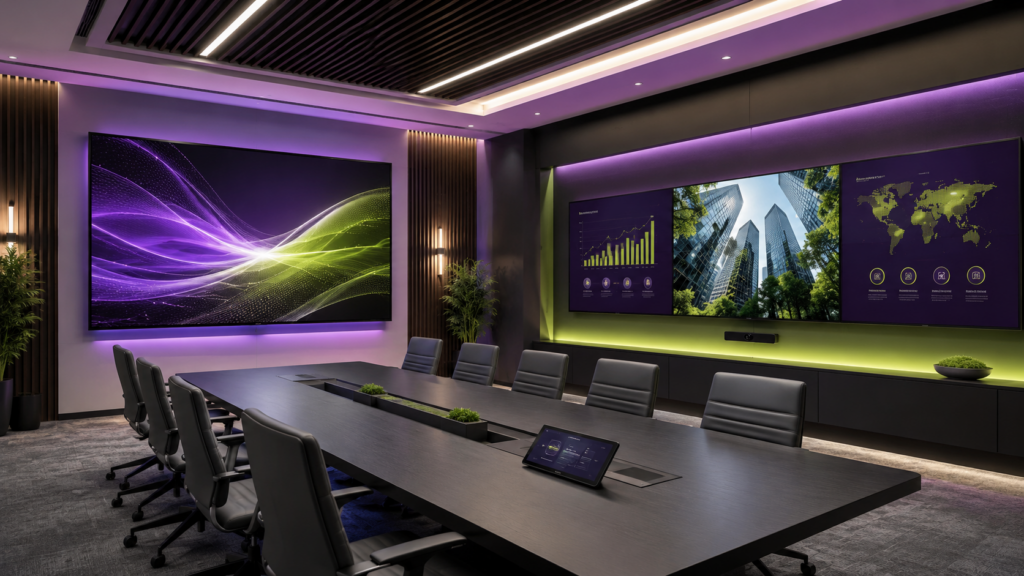 Modern conference room with large professional displays for LG and Sharp AV presentation and digital signage solutions.