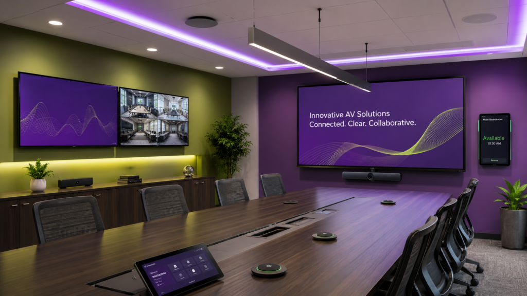 Modern conference room with professional displays, microphones, conferencing equipment, and room scheduling technology for LG, Sharp, and Shure AV solutions.