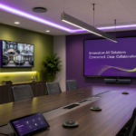 Modern conference room with professional displays, microphones, conferencing equipment, and room scheduling technology for LG, Sharp, and Shure AV solutions.