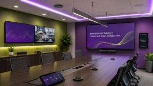 Modern conference room with professional displays, microphones, conferencing equipment, and room scheduling technology for LG, Sharp, and Shure AV solutions.
