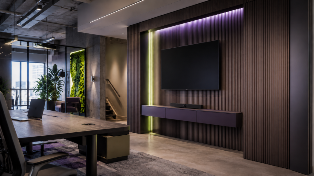 Modern AV room with organized cable management, table connection ports, equipment rack, and display technology for professional AV systems.