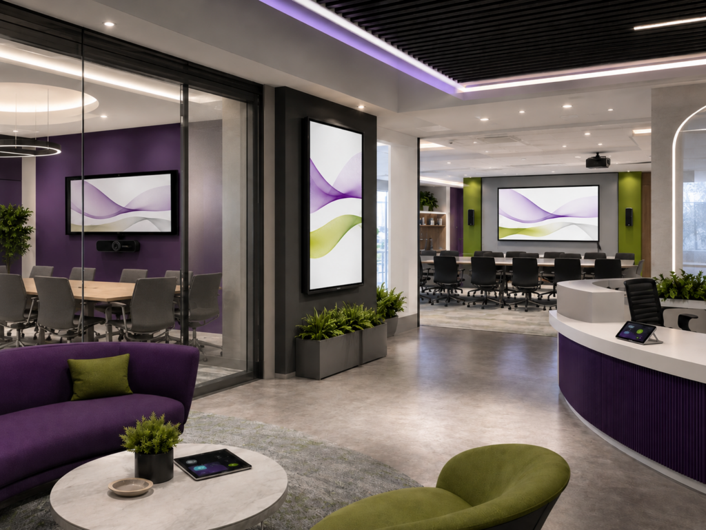Modern corporate lobby with meeting rooms, professional displays, AV presentation technology, and CCS-inspired purple and green accents.