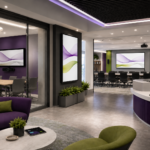 Modern corporate lobby with meeting rooms, professional displays, AV presentation technology, and CCS-inspired purple and green accents.