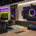 Modern corporate AV training room with professional display, speakers, control panel, and integrated table connectivity for meetings and presentations.