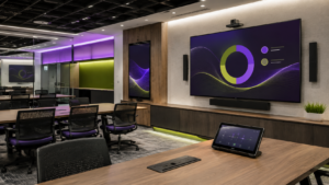 Modern corporate AV training room with professional display, speakers, control panel, and integrated table connectivity for meetings and presentations.