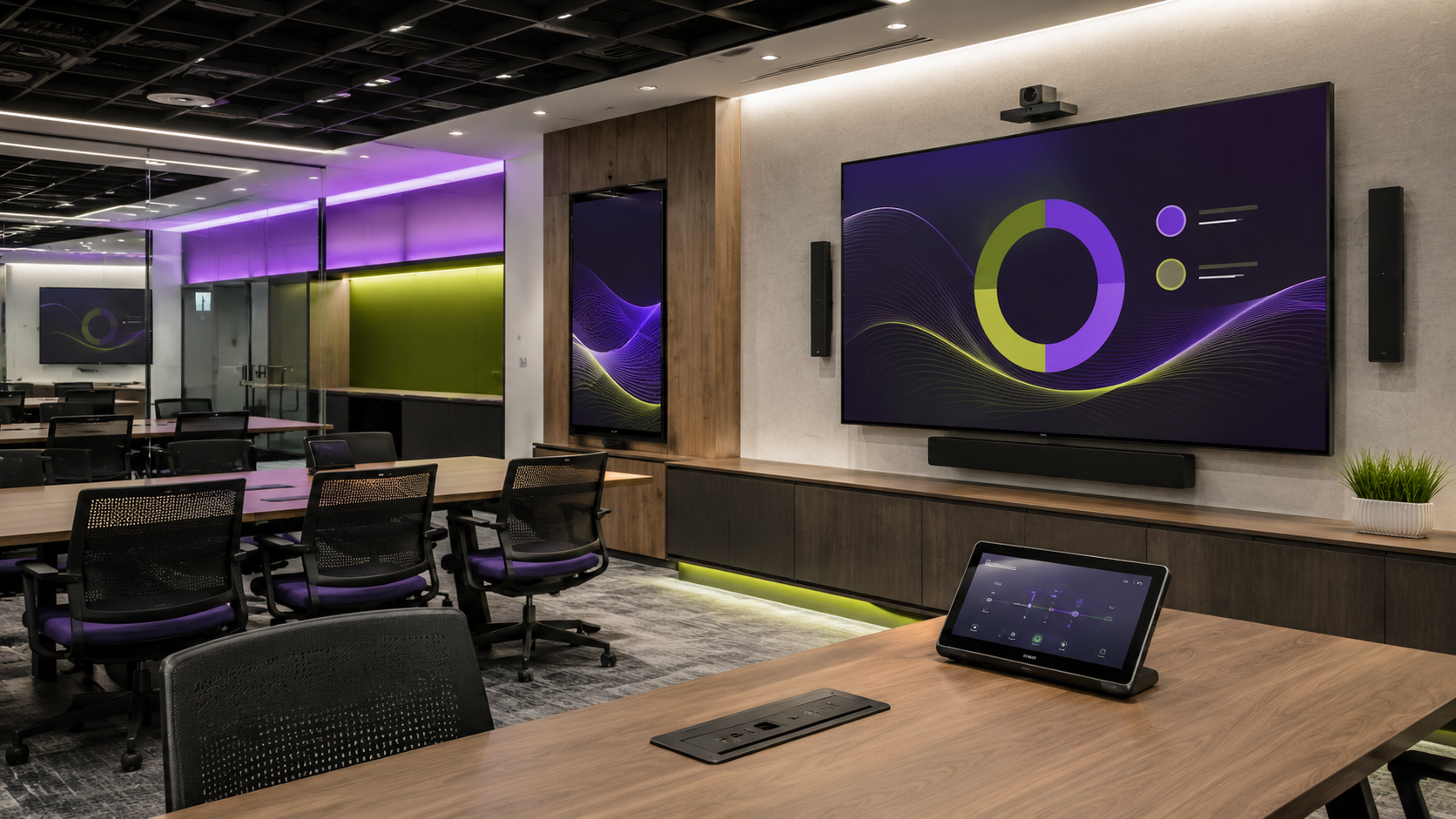 Modern corporate AV training room with professional display, speakers, control panel, and integrated table connectivity for meetings and presentations.