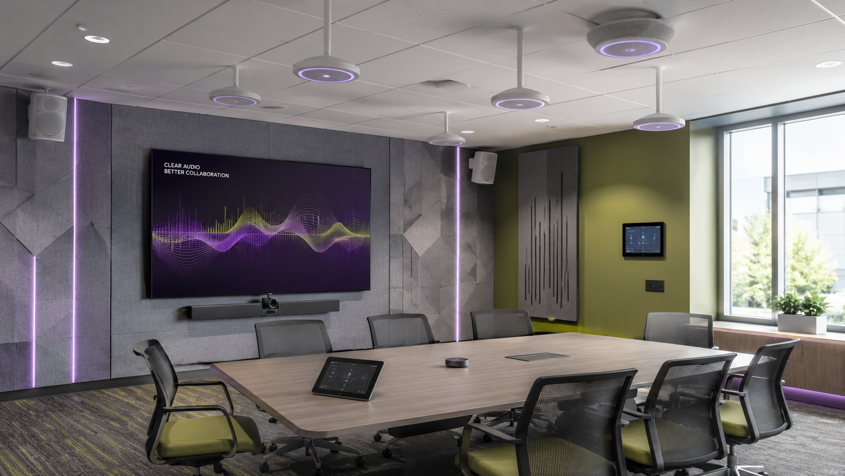 Modern meeting room with ceiling microphones, speakers, acoustic panels, and display technology for professional AV audio solutions.