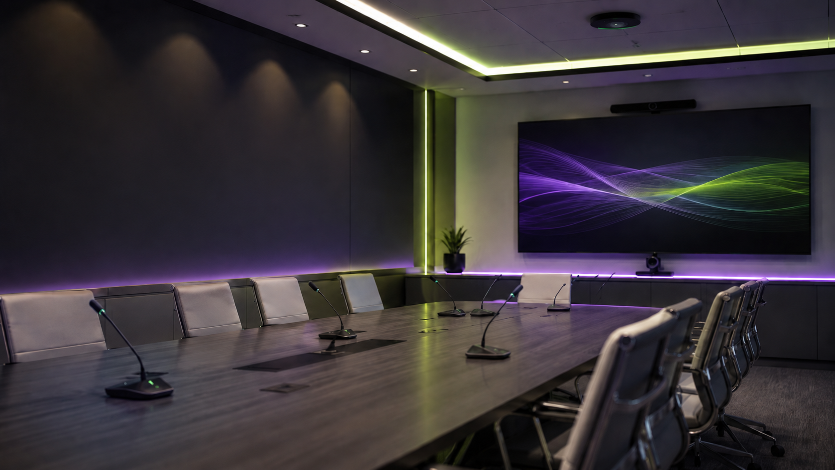 Modern conference room with integrated microphones and display screen for professional Shure audio and AV conferencing solutions.