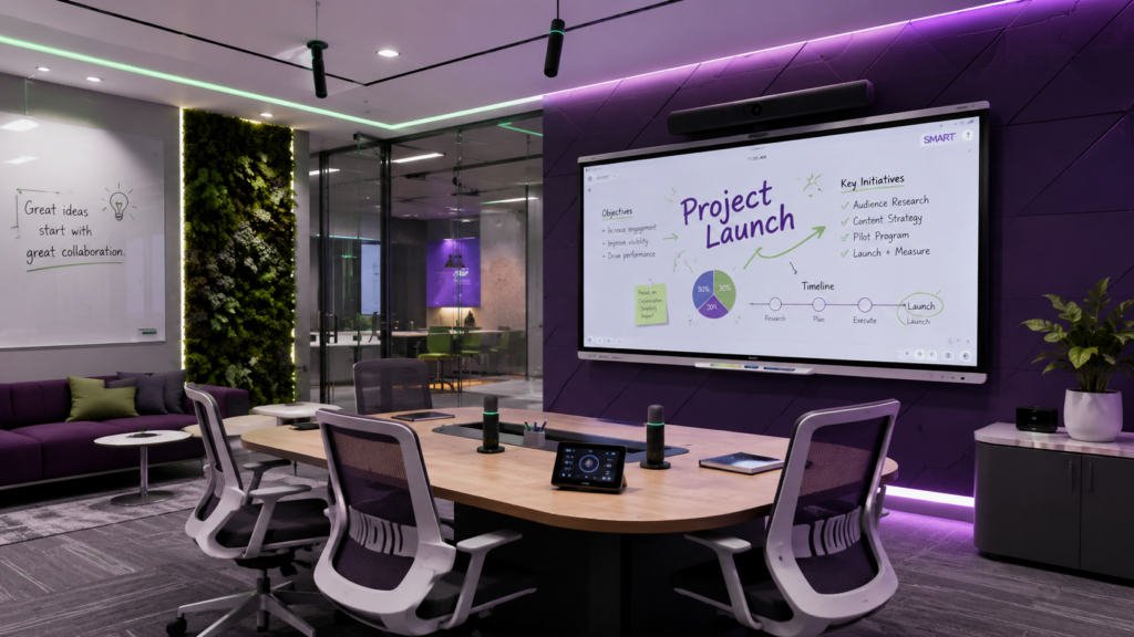 Modern collaboration room with SMART interactive display, professional microphones, and Shure audio solutions for team meetings and digital whiteboarding.