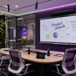 Modern collaboration room with SMART interactive display, professional microphones, and Shure audio solutions for team meetings and digital whiteboarding.