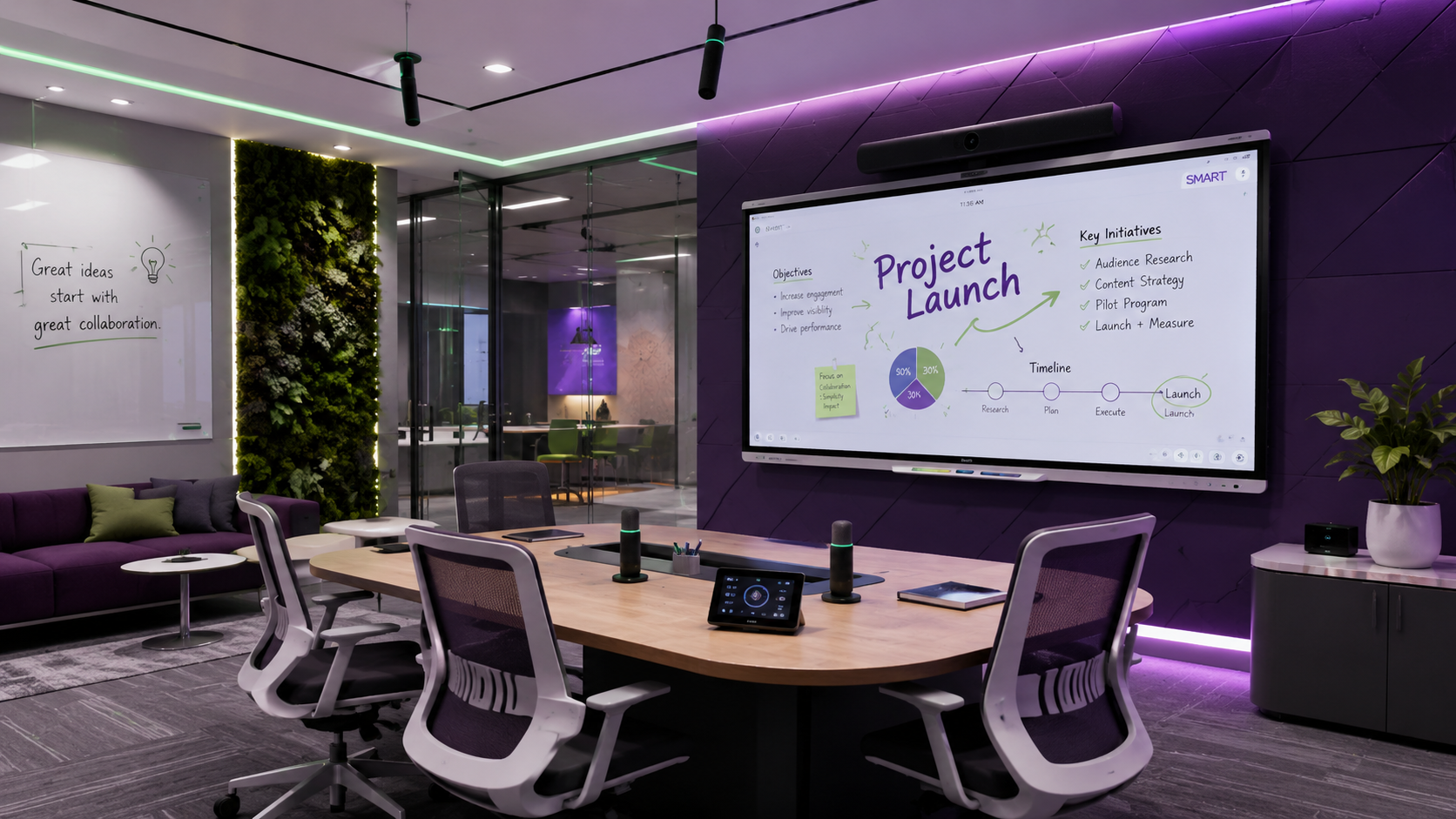 Modern collaboration room with SMART interactive display, professional microphones, and Shure audio solutions for team meetings and digital whiteboarding.